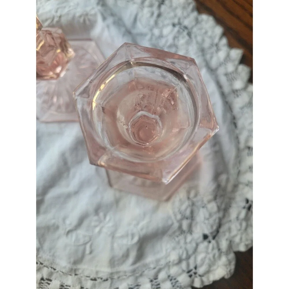 Vtg Depression Glass Pair of Dark Rose Pink Candlestick Holders  5